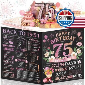 75th Birthday Pop Up Card for Women, Large 3D w/Facts & Envelope